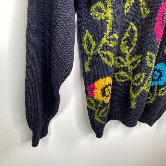 Catalina Vintage Navy Blue Floral Knit Crewneck Sweater Women's Size Large L - Picture 3 of 7